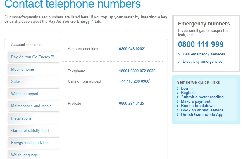 British Gas UK contact numbers
