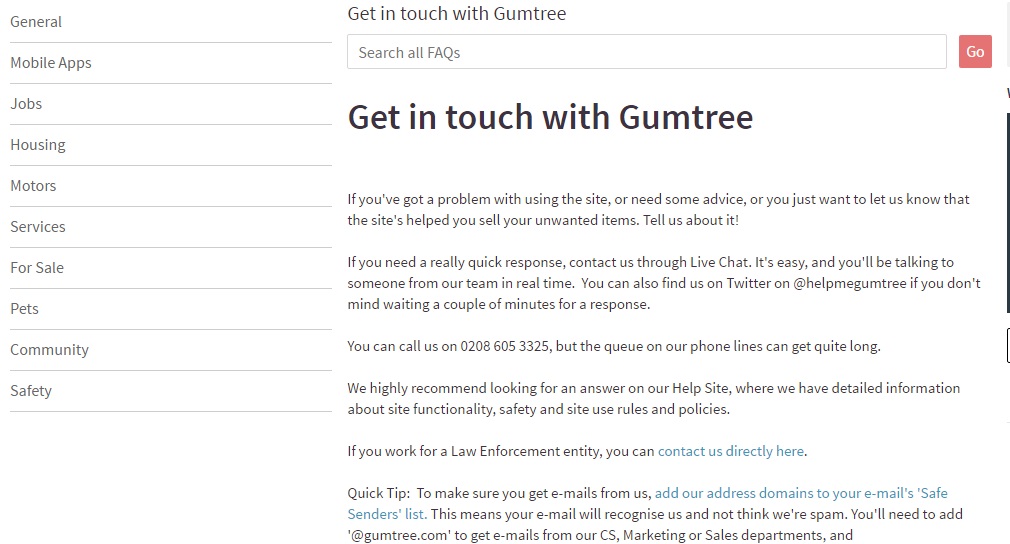 Gumtree service number