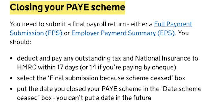 HMRC Closing Paye Scheme