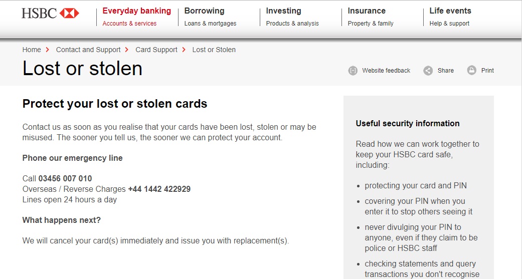 HSBC Card Lost and stolen Helpdesk