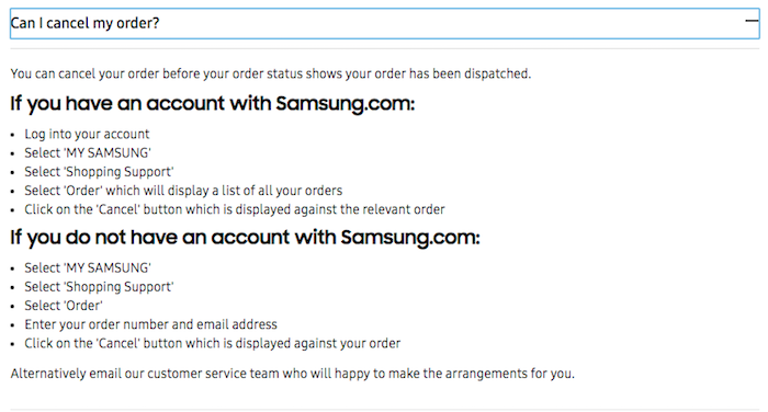Cancel Samsung Order