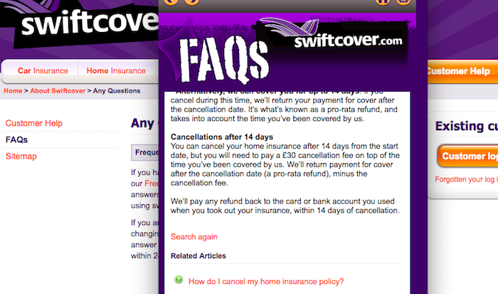 Swiftcover Home Insurance refund after cancellation