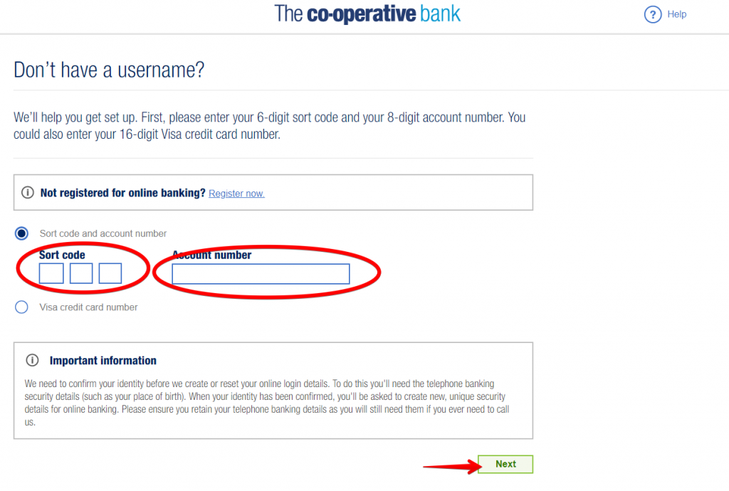 The Cooperative Bank UK no username